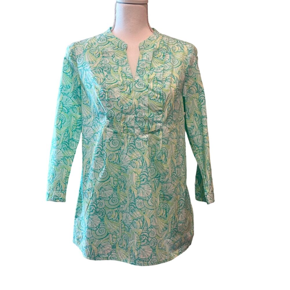 EUC women’s VINEYARD‎ VINES XS Tunic Top Blouse Green Shells Cotton